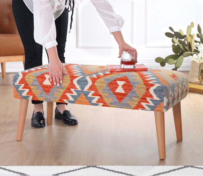 Atelier Del Sofa Banco de Algodón y Lino con Patas de Madera de Haya, Esponja Ortopédica, 91x46x42 cm
